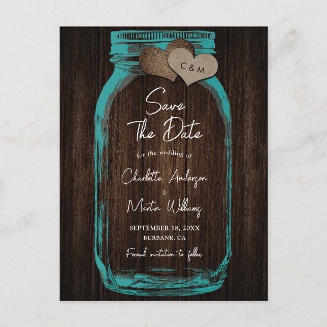 Carte Postale Faire-part Teal Mason Jar Wood Wedding Save The Date (Devant)