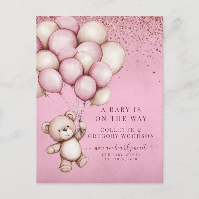Carte Postale Faire-part Teddy Bear Pink Baby Girl Budget Pregnancy Reveal (Devant)