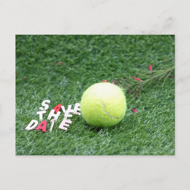 Carte Postale Faire-part Tennis Save the Date avec balle de tennis sur fond (Devant)