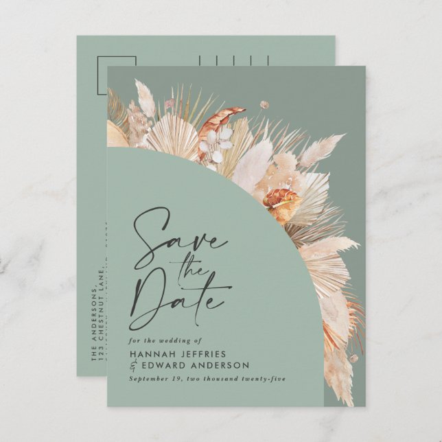 Carte Postale Faire-part Teracotta pampas bohème moderne herbe sauge vert (Devant / Derrière)