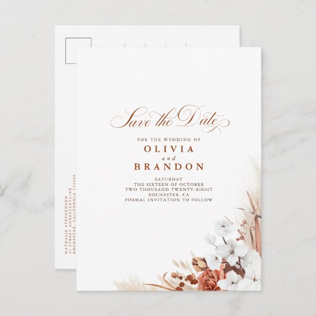 Carte Postale Faire-part Terracotta et Fleurs Blanches Bohème Save The Date (Devant / Derrière)