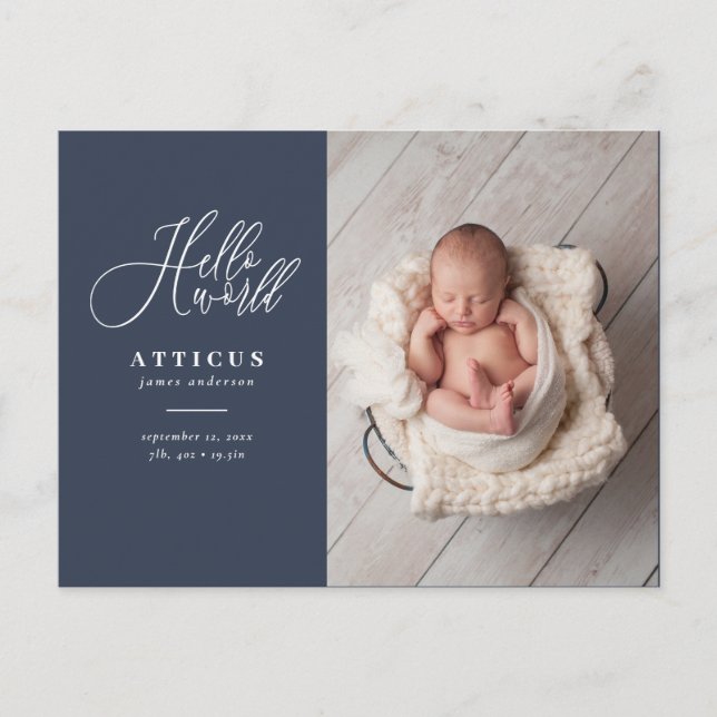 Carte Postale Faire-part texte de script Hello world photo annonce de naiss (Devant)