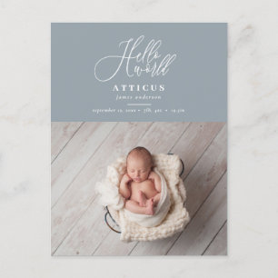 Carte Postale Faire-part texte de script Hello world photo d'annonce de nai