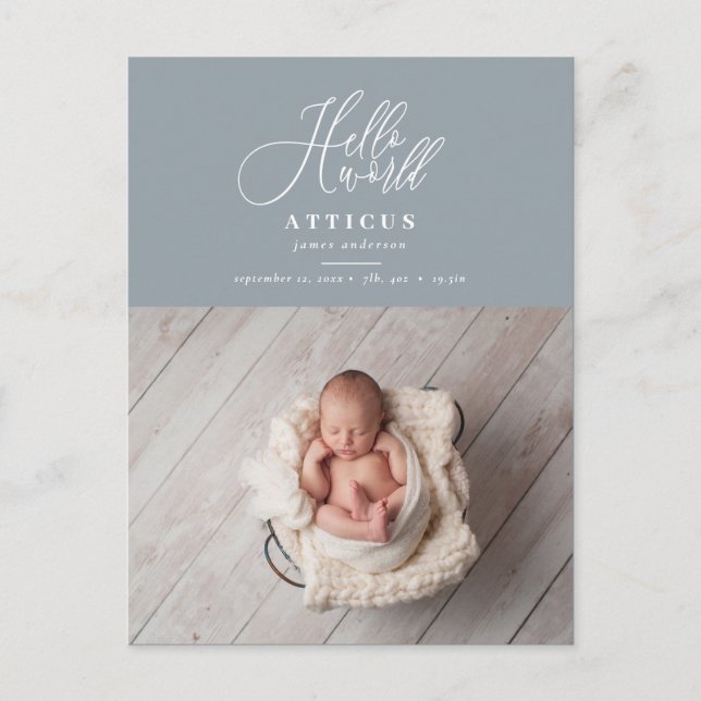 Carte Postale Faire-part texte de script Hello world photo d'annonce de nai (Devant)