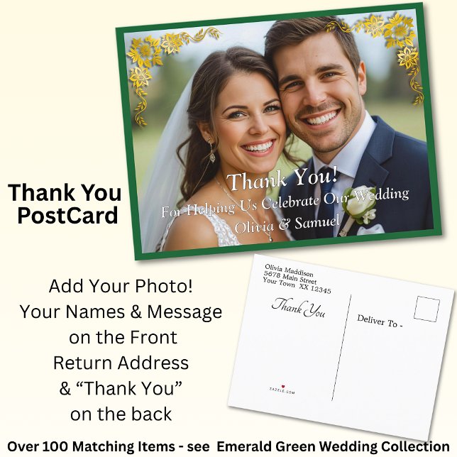 Carte Postale Faire-part Thank You - Photo with Emerald Green & Gold (Créateur téléchargé)
