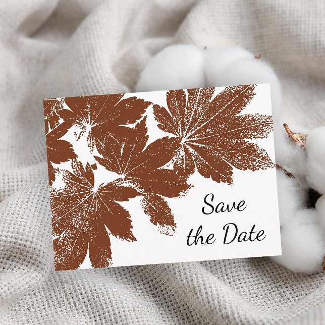 Carte Postale Faire-part Timbre de feuille d'automne marron Save the Date d (Fall in Love with this woodsy Autumn leaves save the date postcard.)