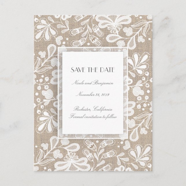 Carte Postale Faire-part Toile de jute et dentelle Élégant Save the Date (Devant)