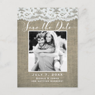 Carte Postale Faire-part Toile de jute et dentelle Simple faire part rustiq