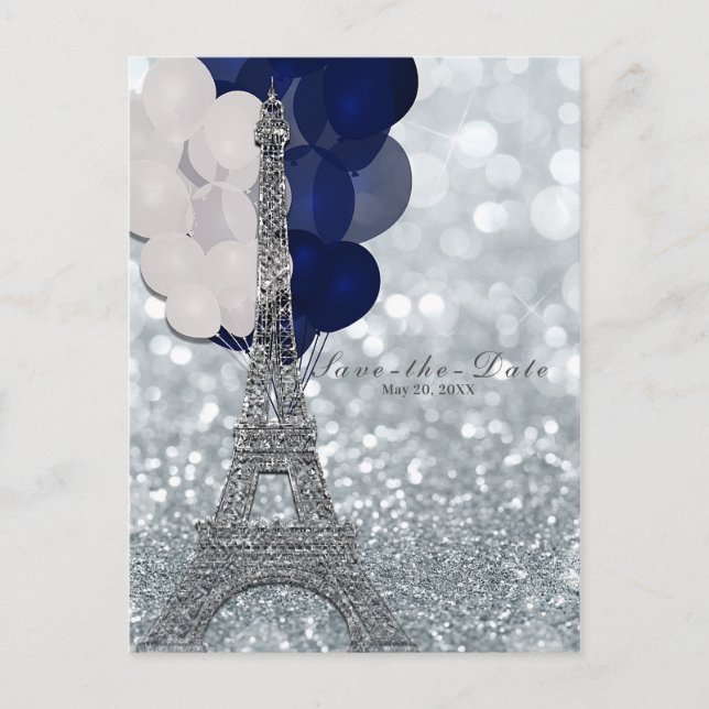 Carte Postale Faire-part Tour Eiffel argentée Ballons bleus Save the Date (Devant)