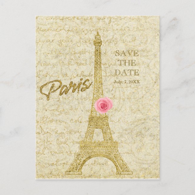 Carte Postale Faire-part Tour Eiffel de Paris Or & Rose ENREGISTRER LA DATE (Devant)