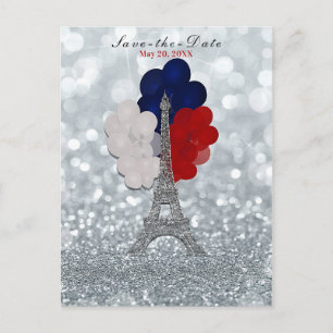 Carte Postale Faire-part Tour Eiffel Pailleté Argenté Rouge Bleu Save the D