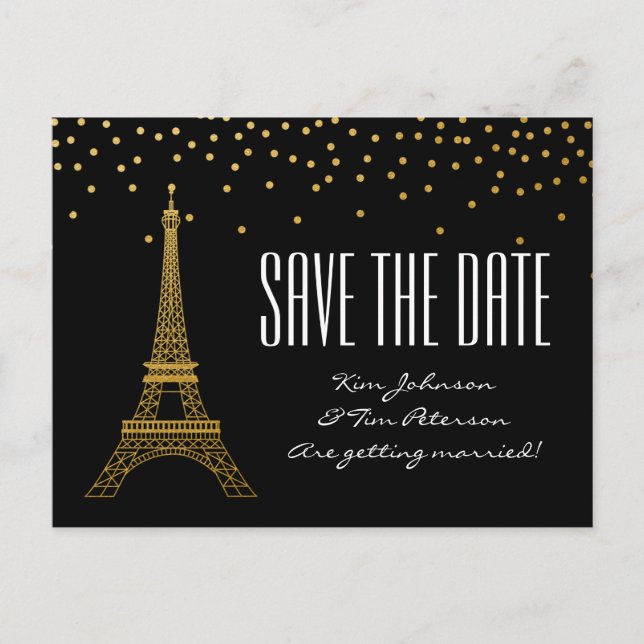 Carte Postale Faire-part Tour Eiffel Paris Noir Or Save The Date (Devant)