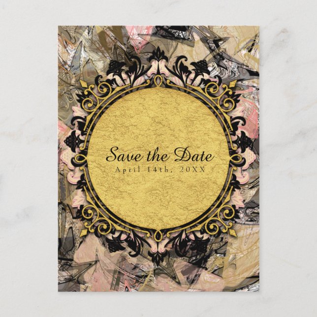 Carte Postale Faire-part Tourbillon Abstrait Rose Noir & Or Save the Date (Devant)