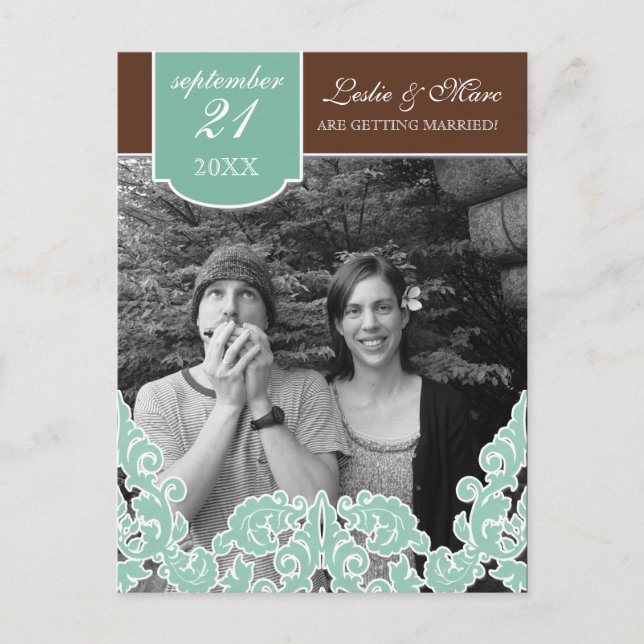 Carte Postale Faire-part Tourbillon de feuilles bleues Damask 2 Enregistrer (Devant)