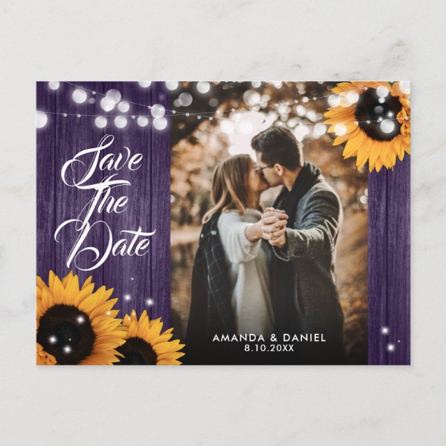 Carte Postale Faire-part Tournesol Bois Violet Mariage Photo Enregistrer La (Devant)