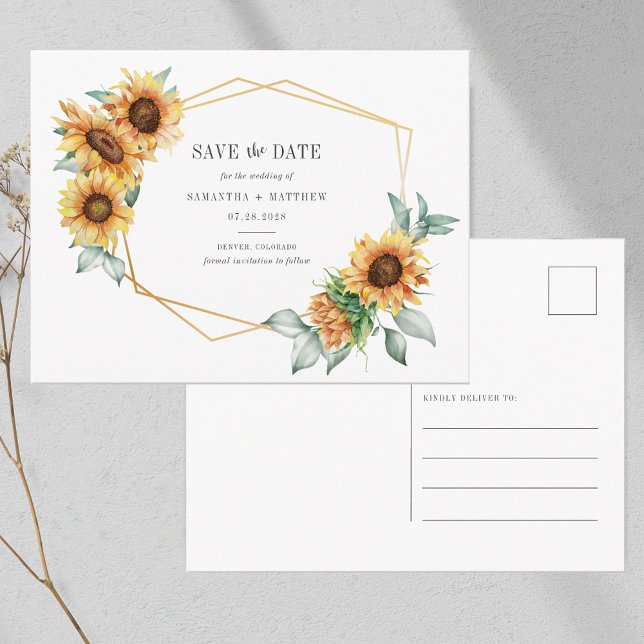 Carte Postale Faire-part Tournesol Eucalyptus géométrique Enregistrer la da (Sunflower Watercolor Wedding Save the Date Announcement Postcard)