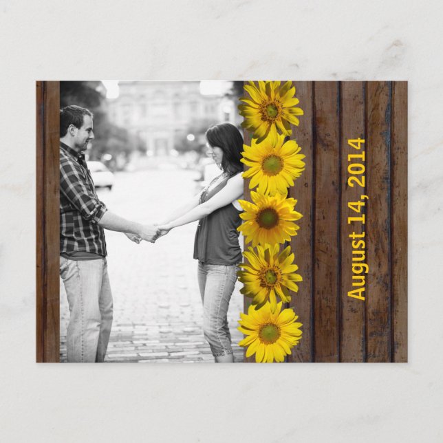 Carte Postale Faire-part Tournesol jaune bois Brown Photo Enregistrer la da (Devant)