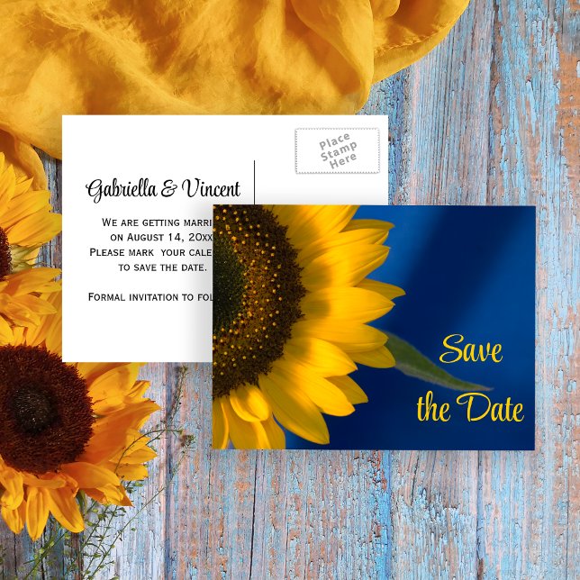 Carte Postale Faire-part Tournesol jaune sur mariage bleu Enregistrer la da (Créateur téléchargé)