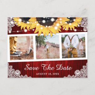 Carte Postale Faire-part Tournesol Rouge Rustique Photo Enregistrer La Date