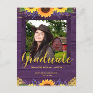 Carte Postale Faire-part Tournesol rustique Purple et Gold Photo Graduation