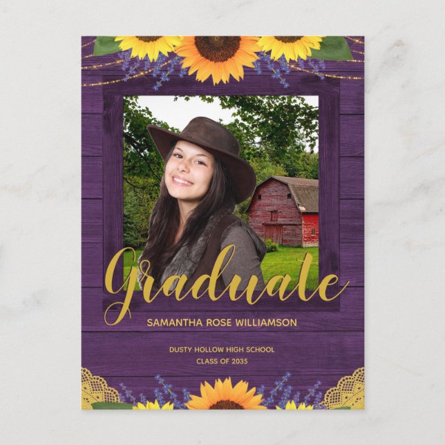 Carte Postale Faire-part Tournesol rustique Purple et Gold Photo Graduation (Devant)
