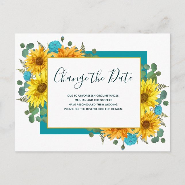 Carte Postale Faire-part Tournesol rustique Turquoise Mariage de Rose Modif (Devant)