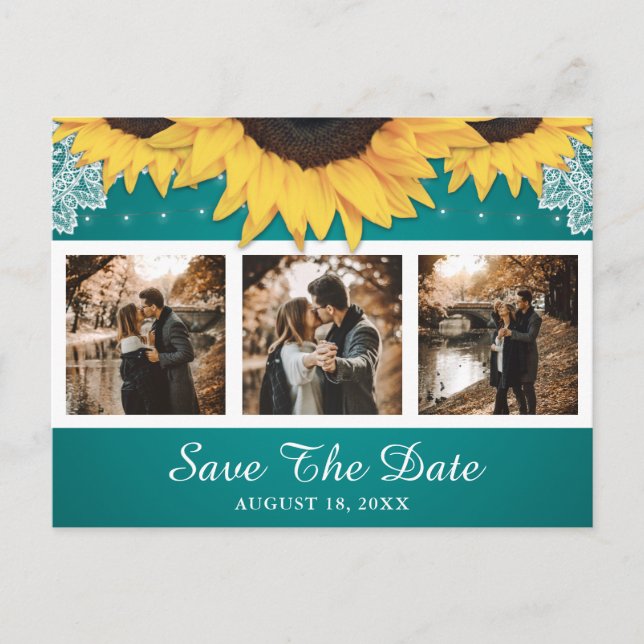 Carte Postale Faire-part Tournesol Rustique Turquoise Photo Mariage Enregis (Devant)