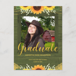 Carte Postale Faire-part Tournesol rustique Vert et Gold Photo Graduation