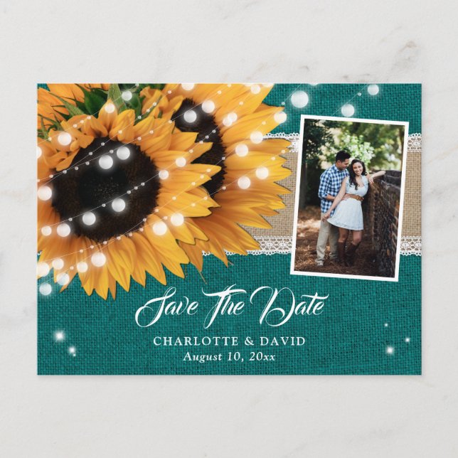 Carte Postale Faire-part Tournesol turquoise Enregistrer La Date Photo Cart (Devant)