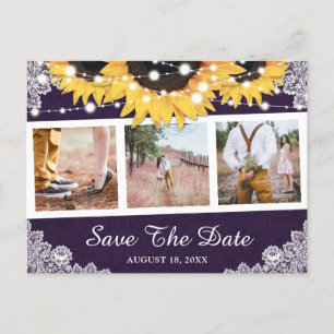 Carte Postale Faire-part Tournesol violet rustique Photo Enregistrer la dat