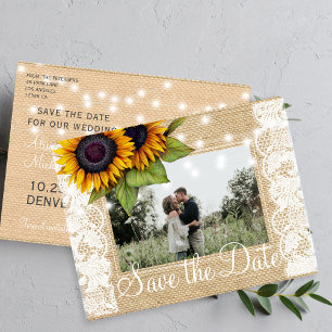 Carte Postale Faire-part Tournesols campagne dentelle de toile de jute enre