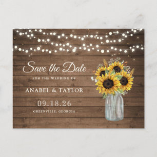 Carte Postale Faire-part Tournesols en bois rustique Save the Date Pot Maso