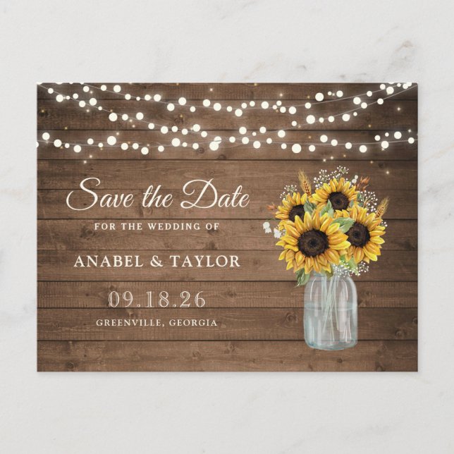 Carte Postale Faire-part Tournesols en bois rustique Save the Date Pot Maso (Devant)