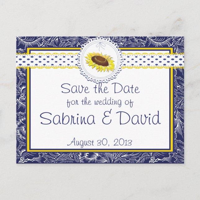 Carte Postale Faire-part Tournesols jaunes et bleu roi Enregistrez la date (Devant)
