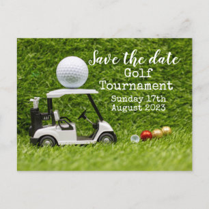 Carte Postale Faire-part Tournoi de golf Golf Save the date avec voiturette