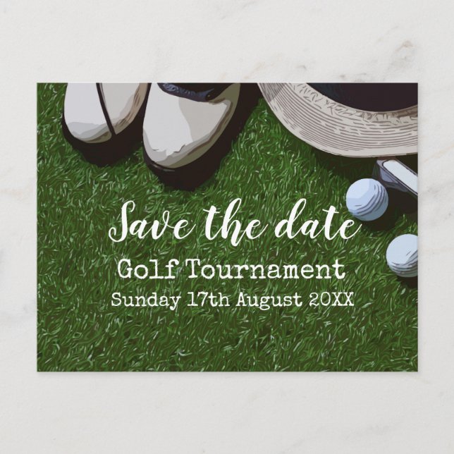Carte Postale Faire-part Tournoi de golf Golf Save the date sur vert  (Devant)