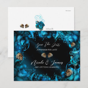 Carte Postale Faire-part Toutes les roses turquoise bleu canard crânes sauv