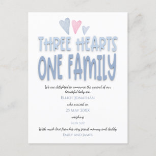 Carte Postale Faire-part Trois Coeurs Une Famille Bleue Bébé Garçon Naissan