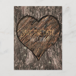 Carte Postale Faire-part Tronc d'arbre rustique avec cœur sculpté Enregistr