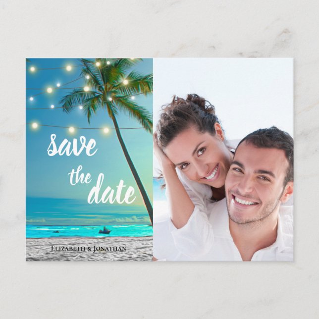 Carte Postale Faire-part Tropical Beach String Lights Palms Enregistrer La  (Devant)