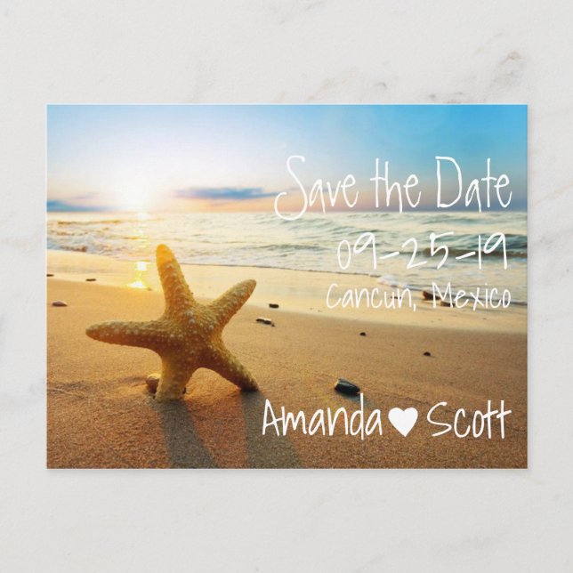 Carte Postale Faire-part Tropical Beach Sunset Starfish Enregistrer la date (Devant)