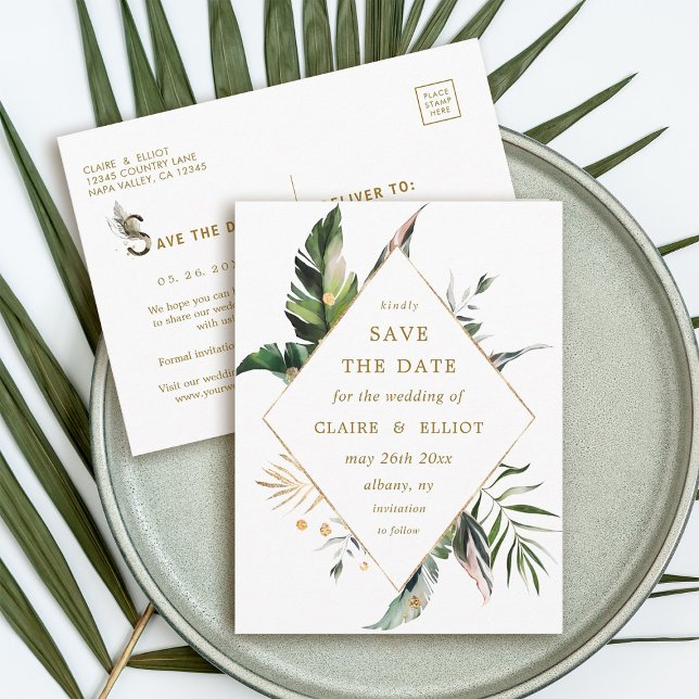 Carte Postale Faire-part Tropical Foliage Mariage Économisez la Date Or (Front & Back)