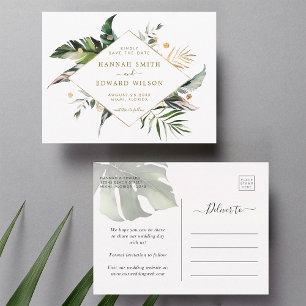 Carte Postale Faire-part Tropical Foliage Mariage Or Enregistrer La Date