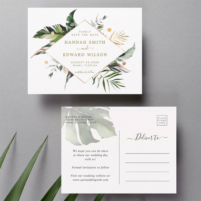 Carte Postale Faire-part Tropical Foliage Mariage Or Enregistrer La Date (Front & Back)