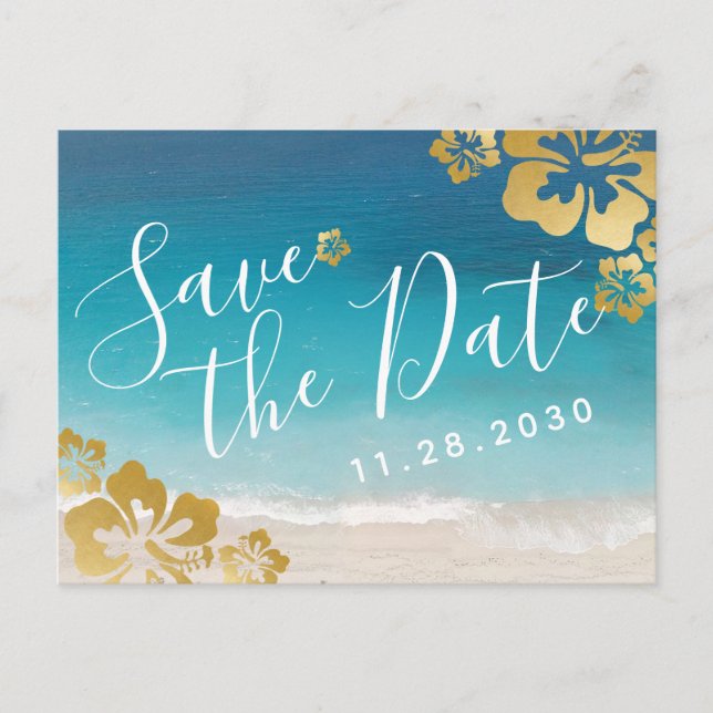 Carte Postale Faire-part Tropical Hibiscus Beach Wedding Date de Sauvegarde (Devant)