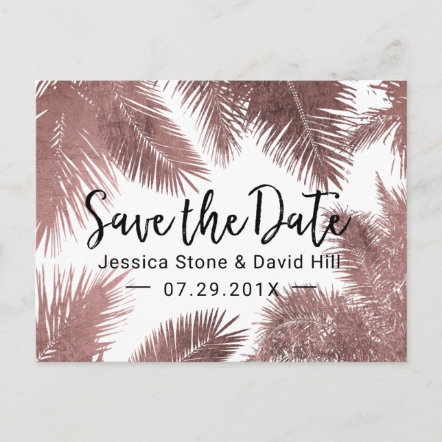 Carte Postale Faire-part Tropical Mariage Rose Gold Palm Tree Enregistrer l (Devant)