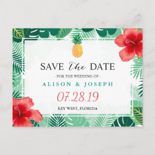 Carte Postale Faire-part Tropical Pineapple Hawaïen Hibiscus Save the Date