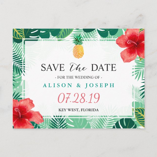 Carte Postale Faire-part Tropical Pineapple Hawaïen Hibiscus Save the Date (Devant)