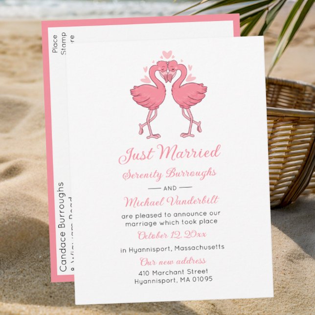 Carte Postale Faire-part Tropical Pink Flamingo Beach Hawaiian Just Married (Créateur téléchargé)