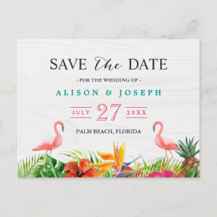 Carte Postale Faire-part Tropical Save The Date   Hibiscus Floral Flamant R